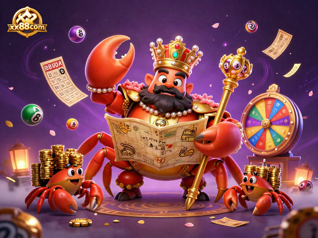 Engage in thrilling gameplay with xx88com’s vibrant lottery scene featuring a golden crab emperor surrounded by colorful elements.