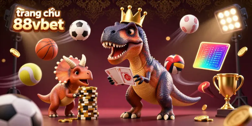 Engage in fun with the vibrant scene at trang chủ 88vbet, featuring a T-Rex dealing cards beside a chip-stack triceratops.