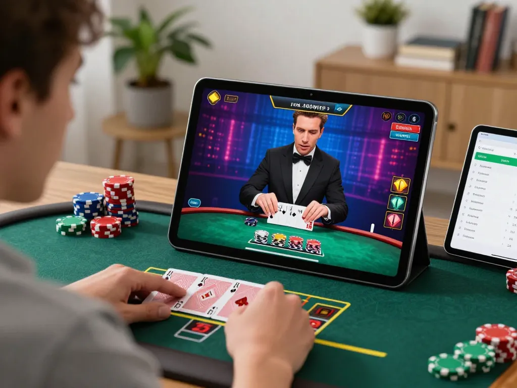 Người chơi LUCK8 ăn mừng chiến thắng trong khi sử dụng máy tính bảng để chơi blackjack trực tuyến, thể hiện chiến lược và trò chơi có trách nhiệm.