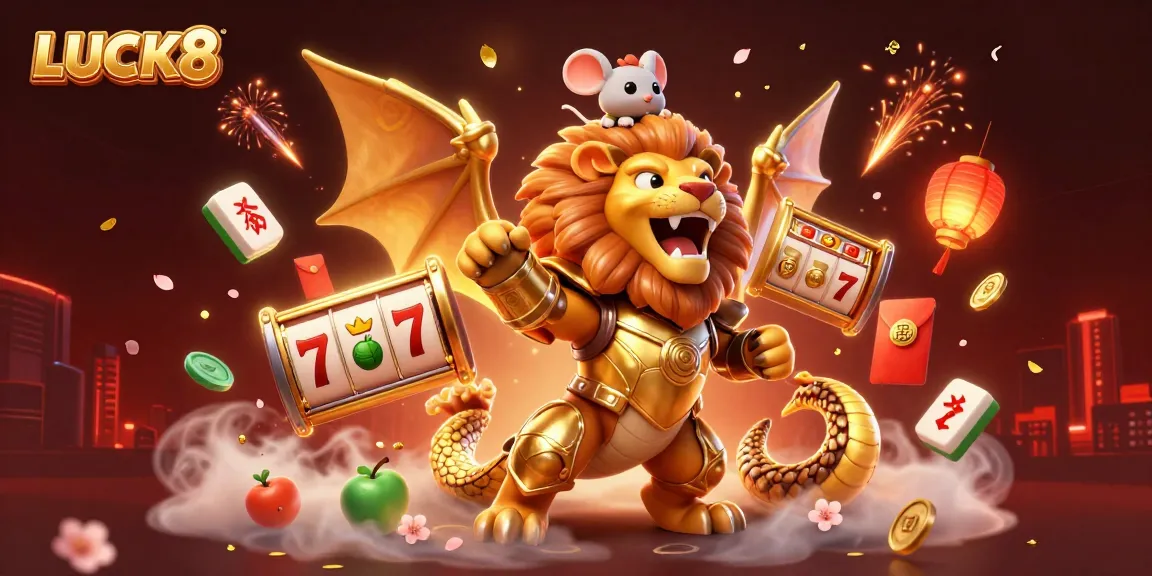 LUCK8 showcases a vibrant 3D illustration combining a golden chimera, slot game symbols, and dynamic casino elements.