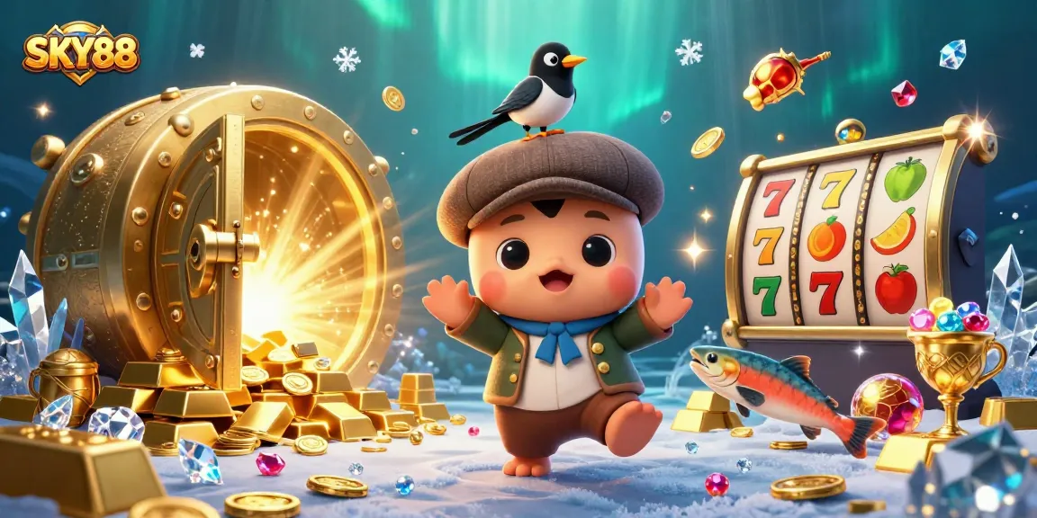 Boost your odds at SKY88 with a lively 3D cartoon casino scene filled with treasures.