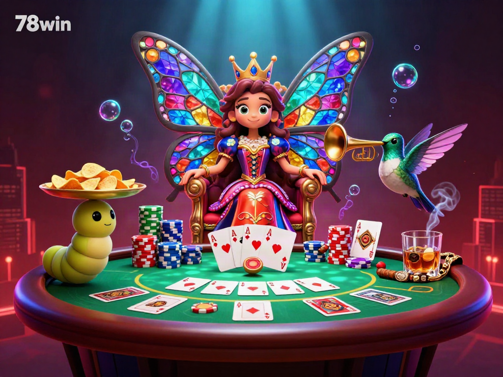 Engage in thrilling gameplay at 78win with a dazzling butterfly queen and vibrant poker elements.