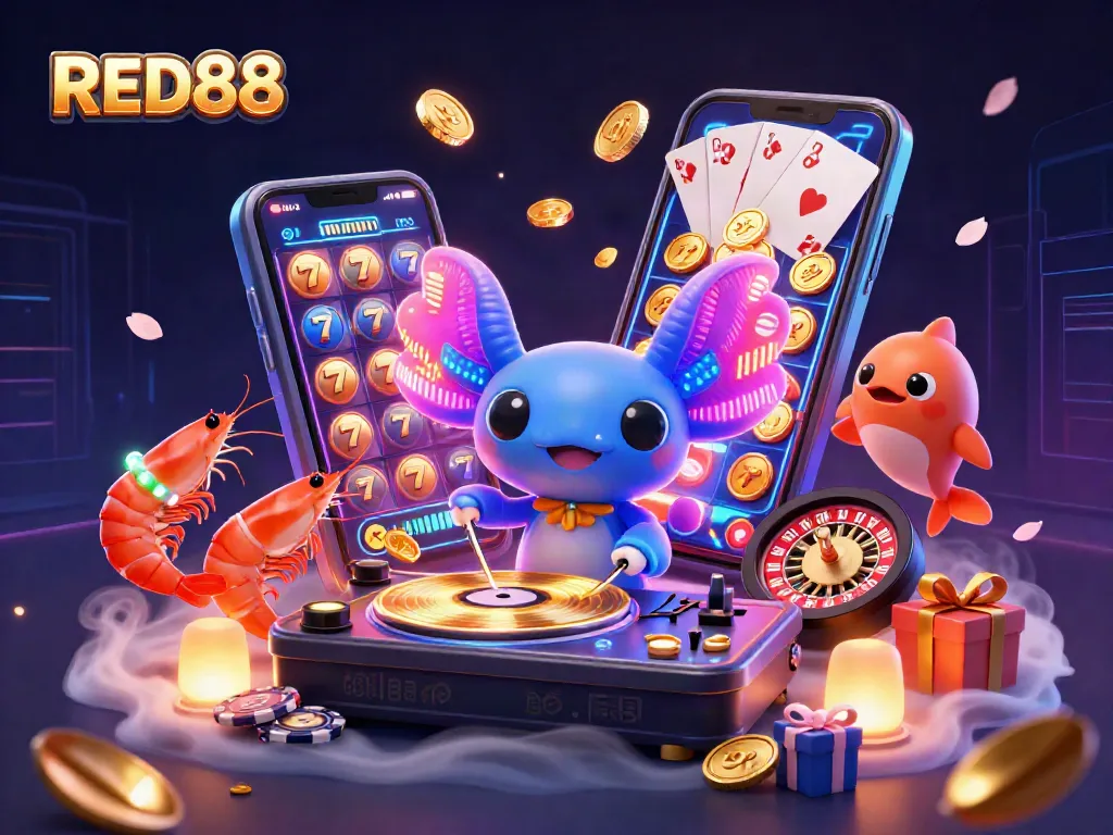 Engage in thrilling gameplay with RED88’s lively casino scene featuring vibrant characters and slot games.