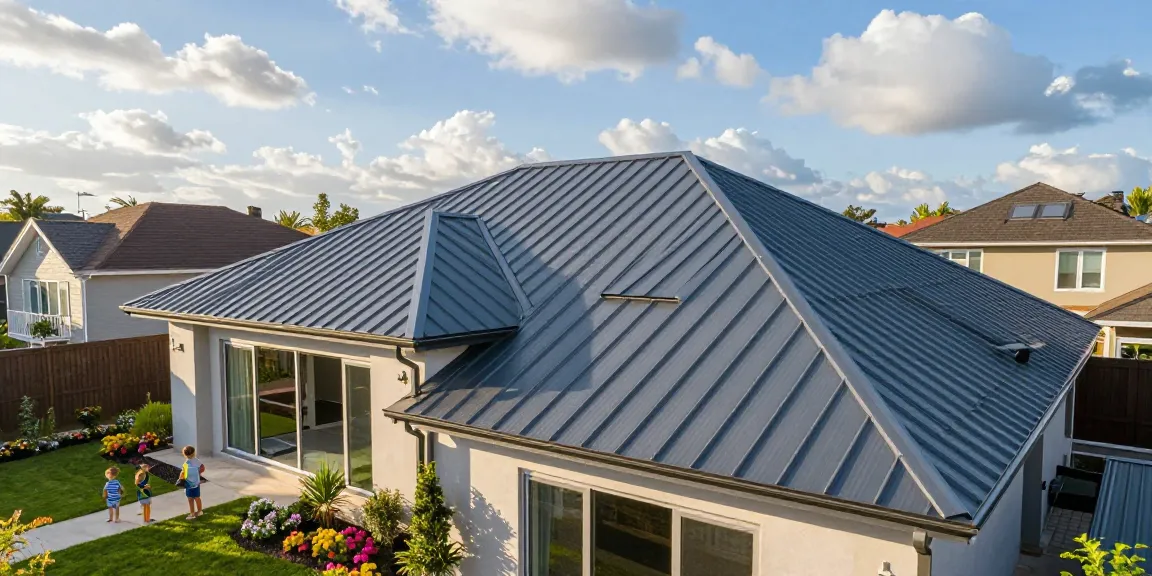 Premium metal roofing systems featured on a modern residential home, showcasing sleek design and durability in a vibrant neighborhood.