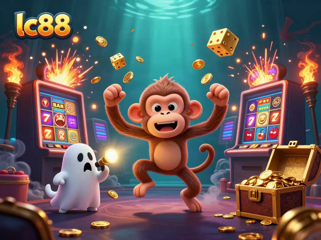 lc88 showcases a playful haunted casino scene with a monkey juggling golden game tokens.