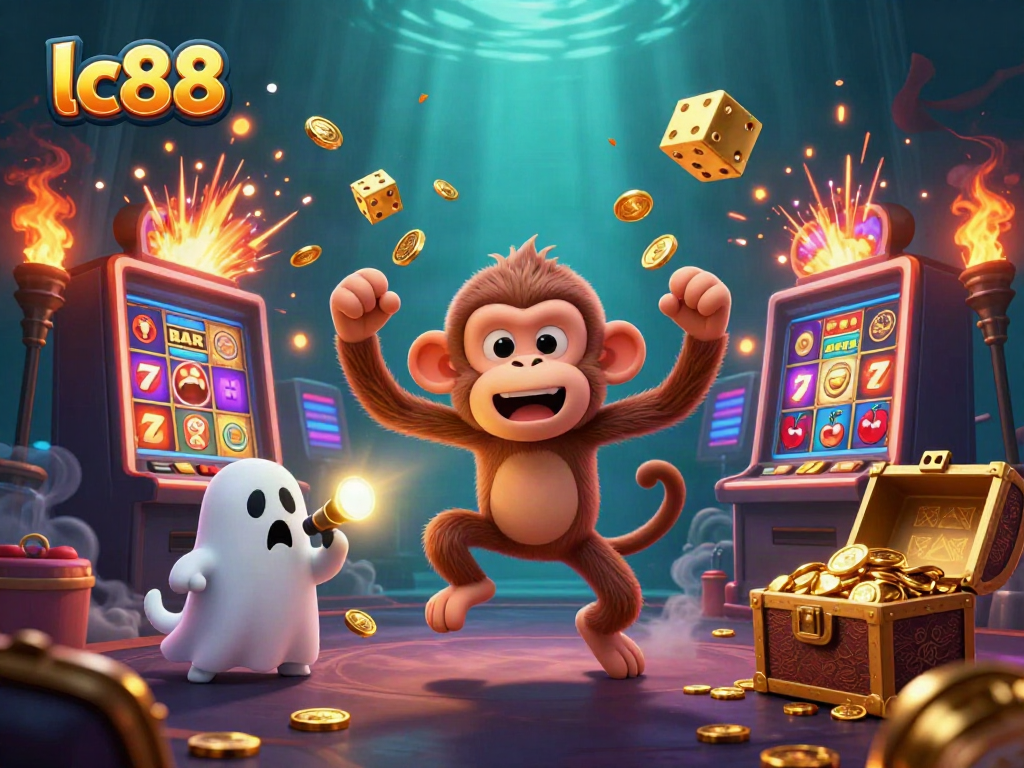 lc88 showcases a playful haunted casino scene with a monkey juggling golden game tokens.
