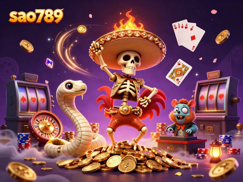Experience the vibrant world of sao789 with a festive casino illustration featuring playful characters and dynamic elements.