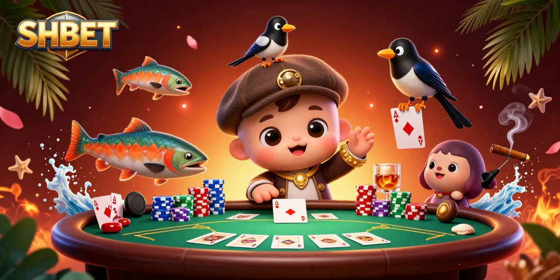 Experience the thrill of SHBET with a playful Nessie and colorful poker elements in an engaging gaming scene.