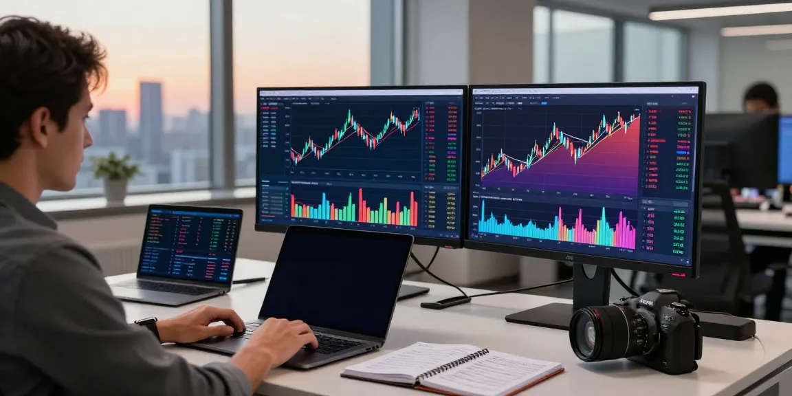 Trader analyzing market trends using slatecapivex.ca AI trading software in a modern office.
