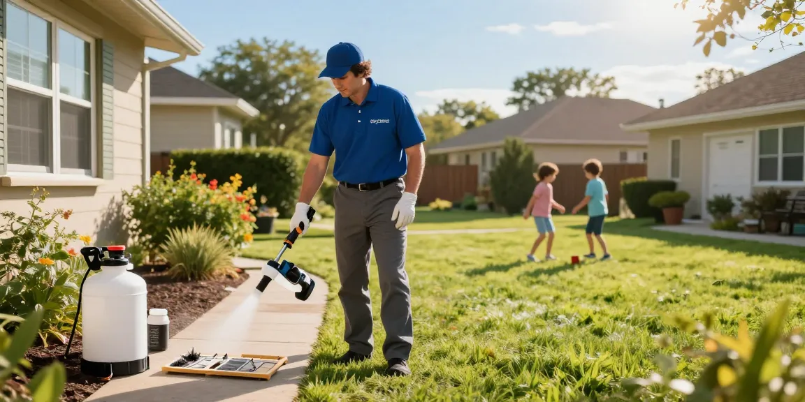 Pest control technician applying eco-friendly treatment in a suburban backyard.