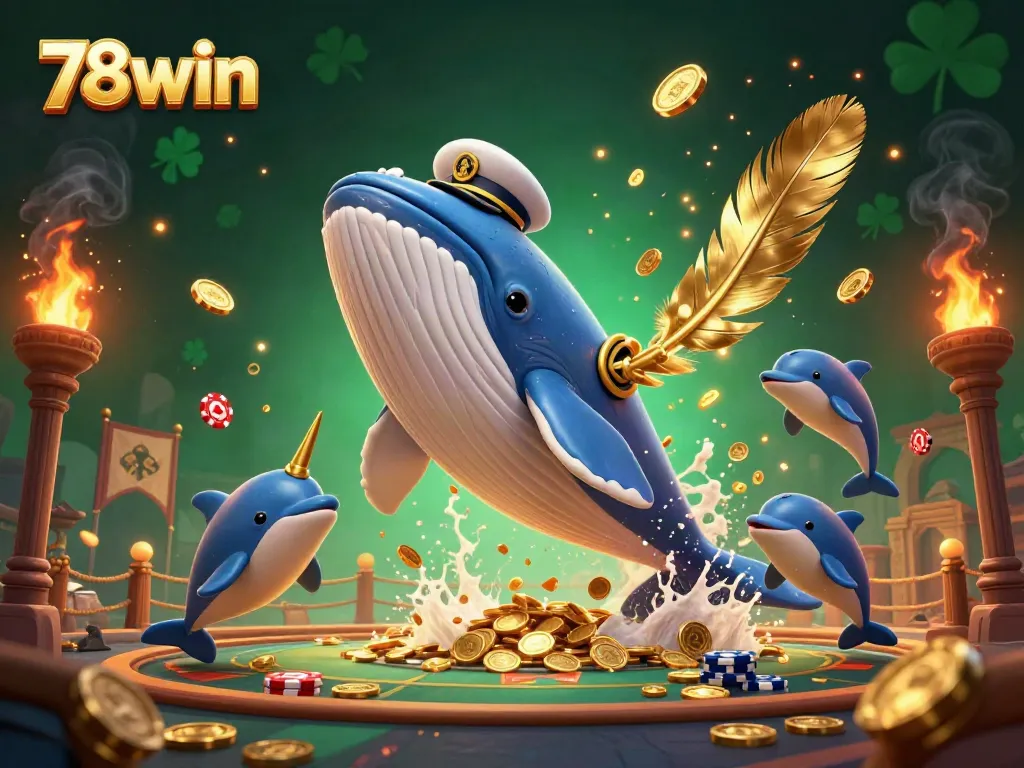 Experience the thrill of 78win with a colorful scene featuring a whale breaching through coins amidst gaming elements.