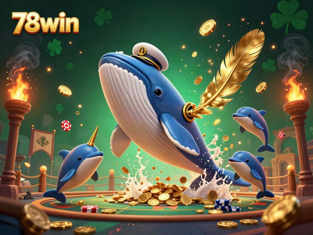 Experience the thrill of 78win with a colorful scene featuring a whale breaching through coins amidst gaming elements.