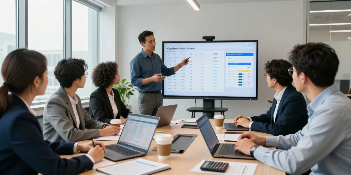 Finance professionals discussing Quebec sales tax calculator features at quebecsalestaxcalculator.ca in modern office environment.