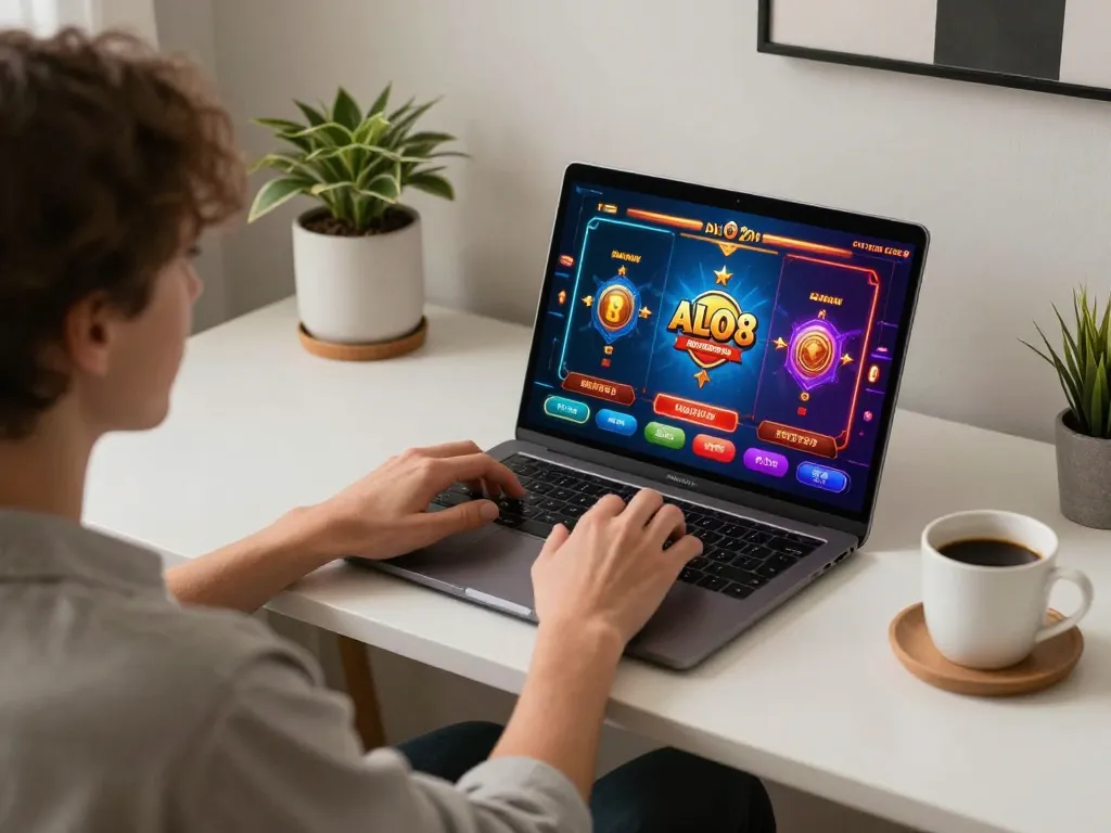 A person enjoying ALO8 online casino games on a stylish laptop at home, showcasing comfortable gaming