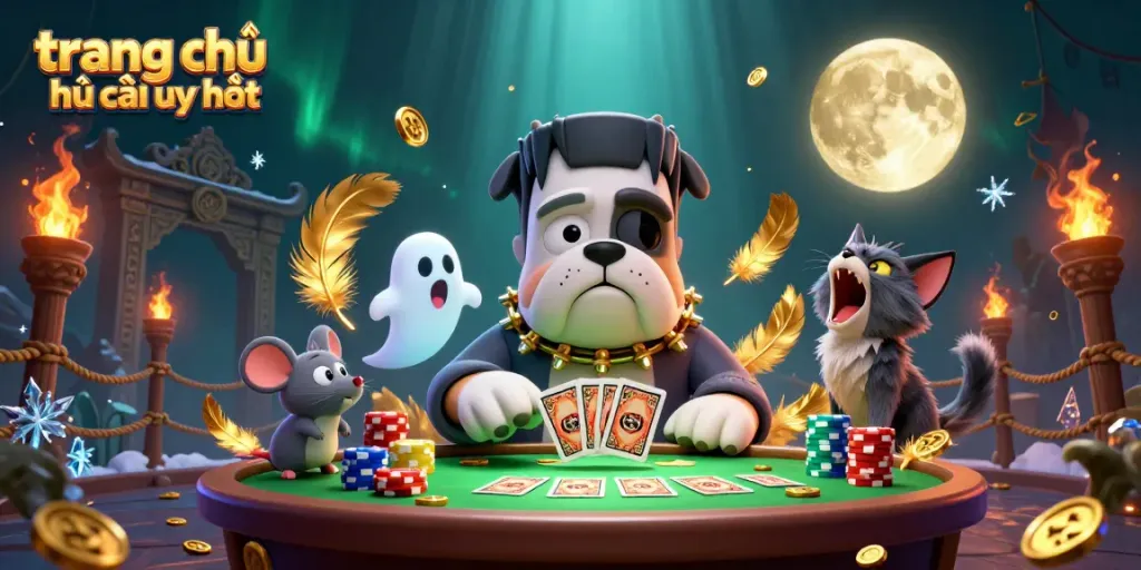Engaging scene at trang chủ nhà cái uy tín with Frankenstein bulldog dealing cards, showcasing lively casino atmosphere.
