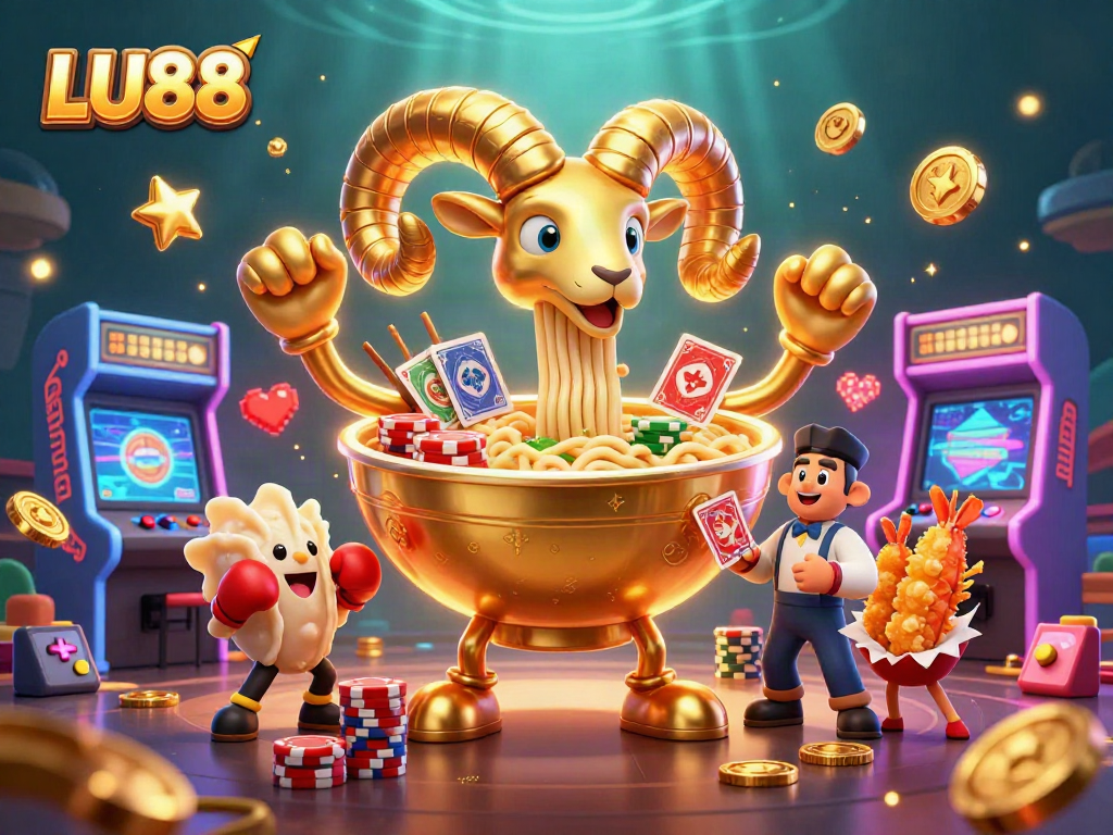LU88 engages players with colorful casino elements in a vibrant, illustrated gaming scene.