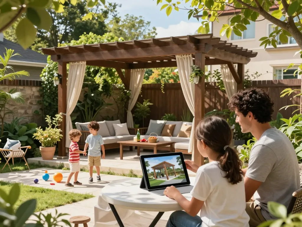 A family using Pergola Configurator Software to visualize their new pergola design in their backyard.