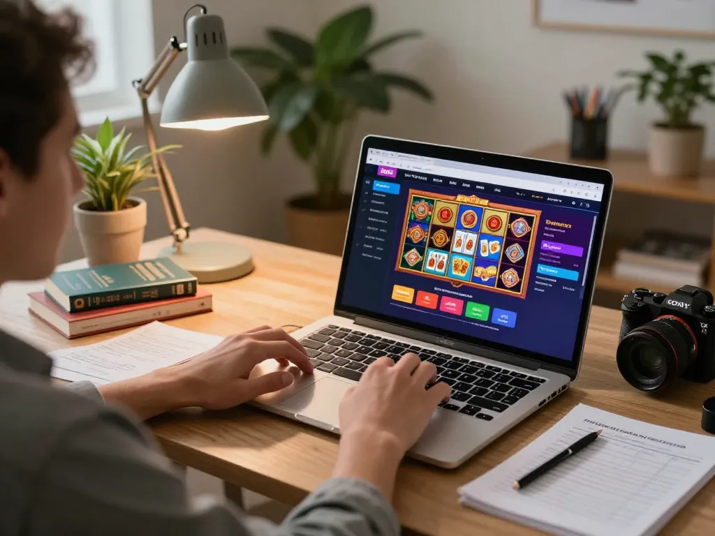 Experience thrilling online gaming with sky88co as players engage with vibrant casino graphics in a cozy home setting