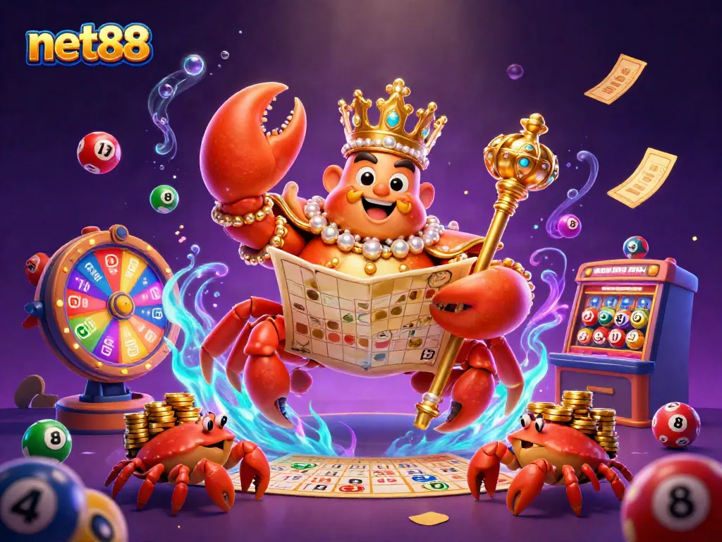Engage in thrilling betting action at net88 with a golden crab emperor and vibrant casino elements.