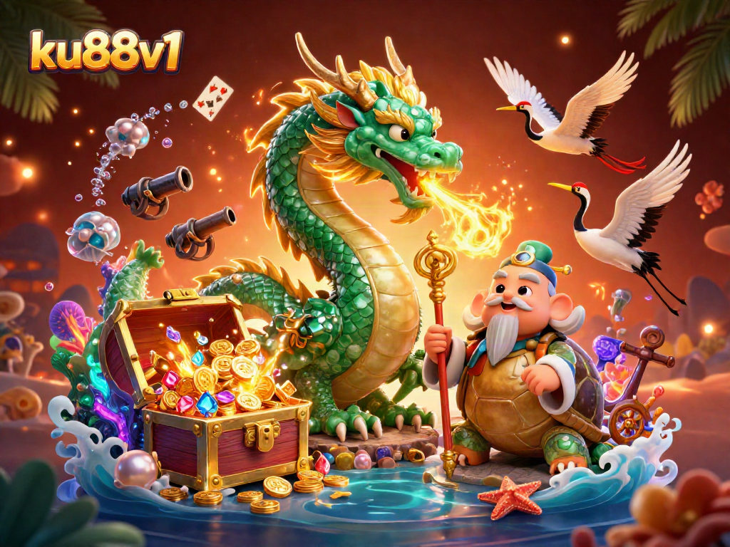 Experience excitement at ku88v1 with a vibrant illustration showcasing a jade dragon and lucky cranes amidst treasure