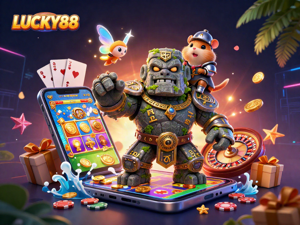 Spin the reels of LUCKY88 in a mesmerizing 3D casino illustration featuring enchanting characters.