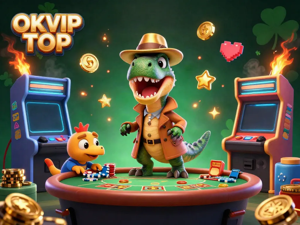 Engage with OKVIP TOP's vibrant 3D casino scene featuring a velociraptor card counter and dynamic gaming elements.