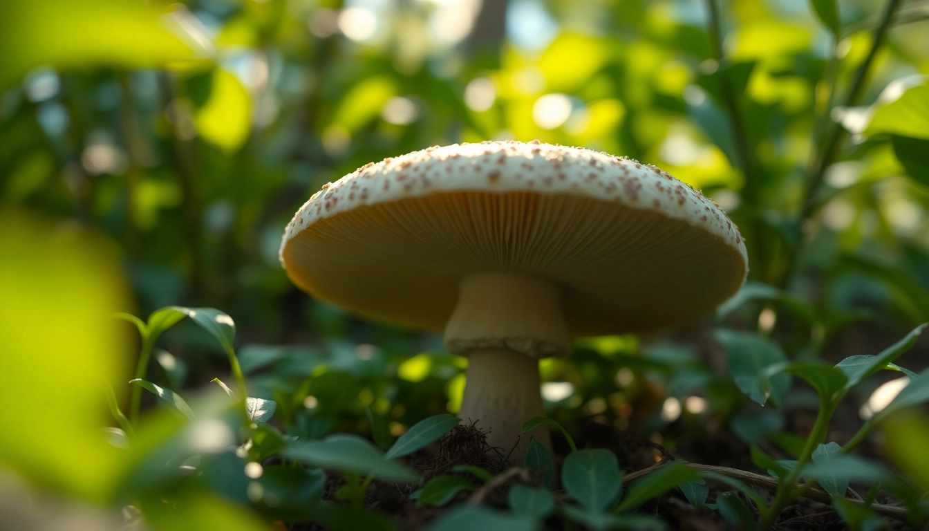 Psychedelics delivery Canada featuring a vibrant psilocybin mushroom in a tranquil natural setting.
