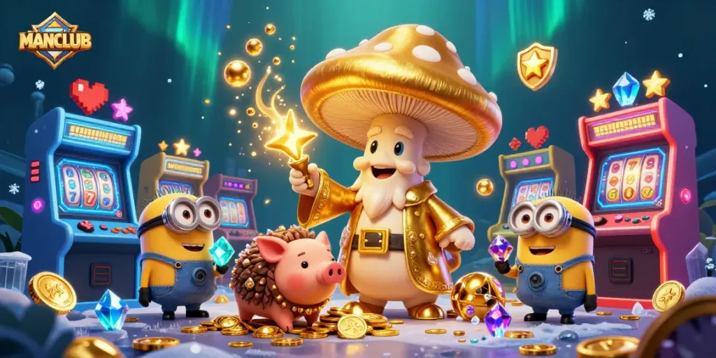 Spin to win at MANCLUB with our vibrant casino scene featuring magical elements and slot machines.