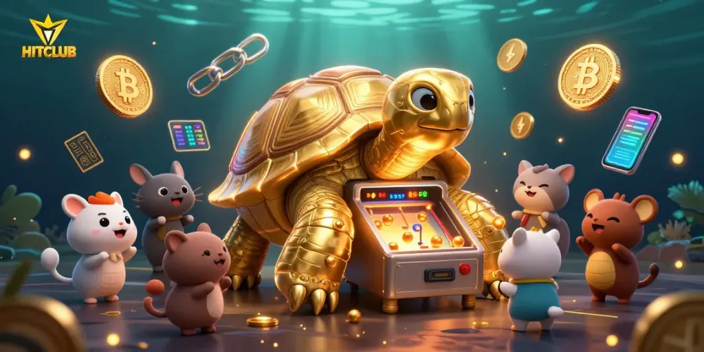Experience the excitement of HITCLUB with a golden tortoise arcade and vibrant crypto elements.