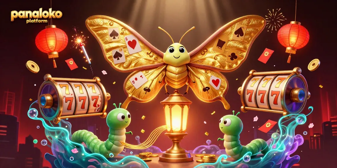 Panaloko platform features a vibrant 3D casino scene with golden moths and spinning slot reels.