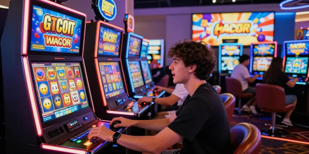 Slot gacor sedang dimainkan di kasino online dengan pemain bersemangat dan mesin slot berwarna-warni.