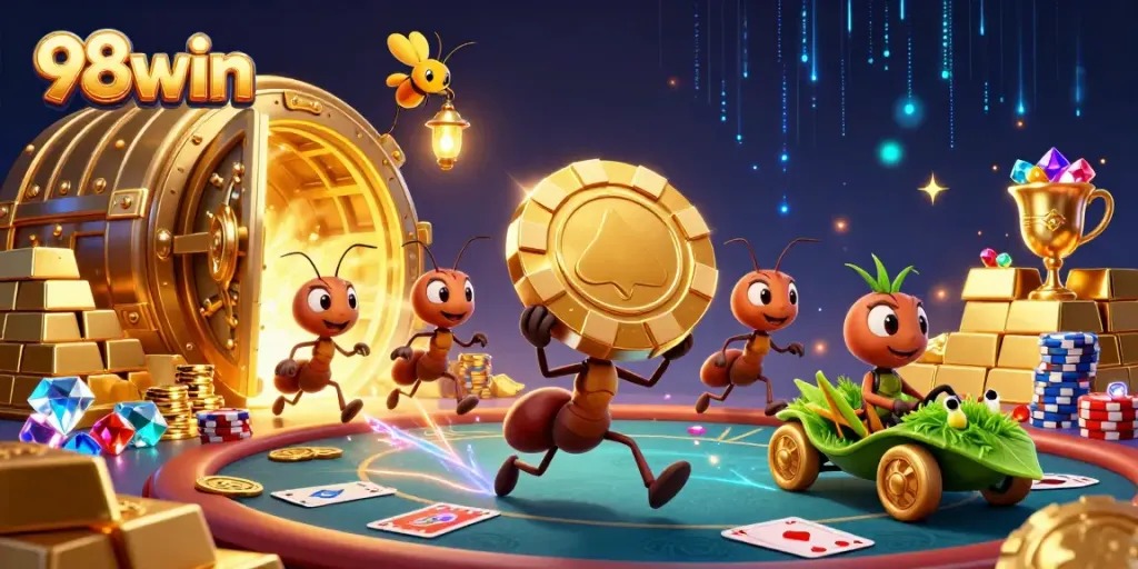 Experience the thrilling heist of 98win as ants carry a giant poker chip amidst dazzling casino treasures.