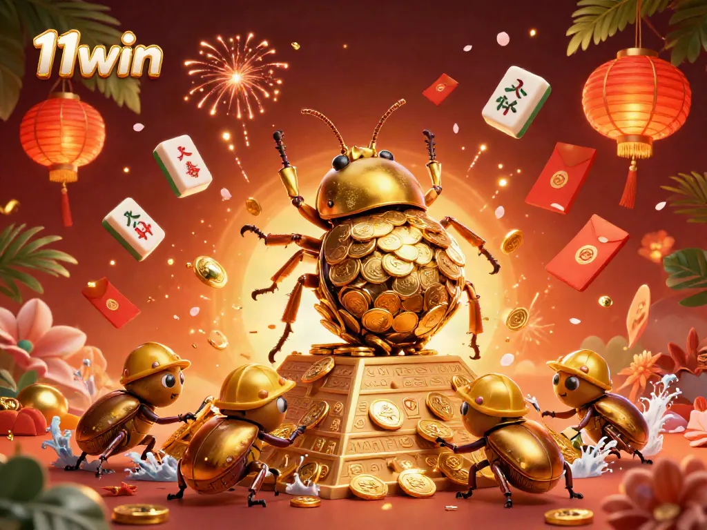 Experience the thrill of gaming with 11win's colorful illustration of a golden dung beetle rolling coins.