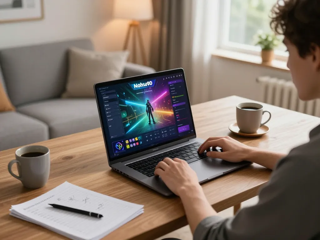 Nohu90 online gaming experience with a player immersed in a vibrant laptop interface