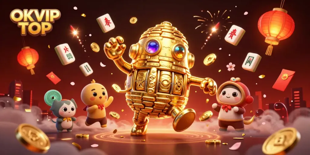 Experience the vibrant action of OKVIP TOP with a magical golden golem amidst dynamic casino symbols.