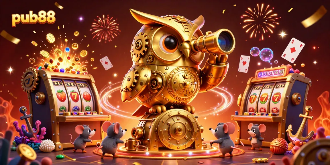 Experience the excitement of pub88 with a vibrant casino illustration featuring playful characters and a bustling slot machine scene.
