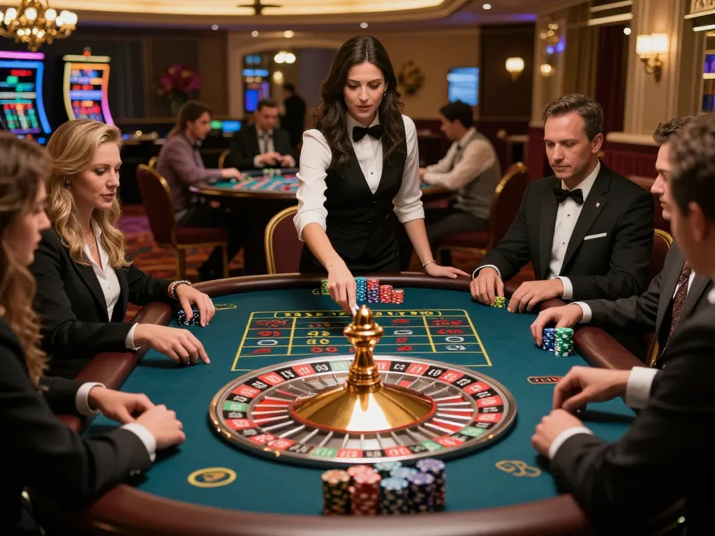 Experience the thrill of say88 at a bustling roulette table with players placing bets and a croupier in action.