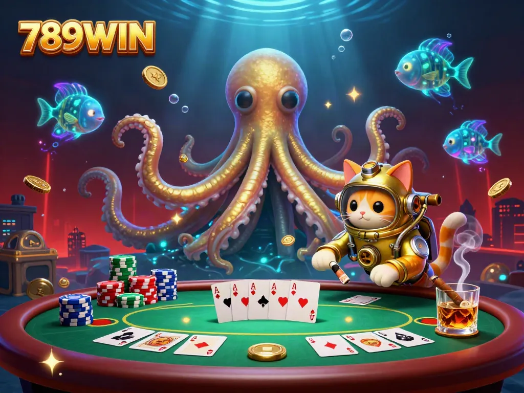 Experience thrilling gameplay with 789WIN, featuring a kraken and vibrant poker scene.