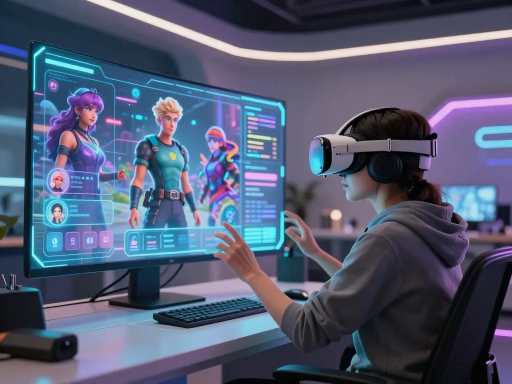 Immersive virtual reality experience with crushon ai avatars in a futuristic setting.