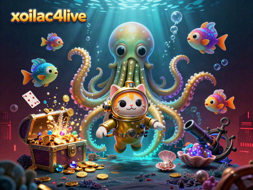 Experience exhilarating gaming with xoilac4live's vibrant underwater 3D adventure illustration featuring treasure and playful characters.