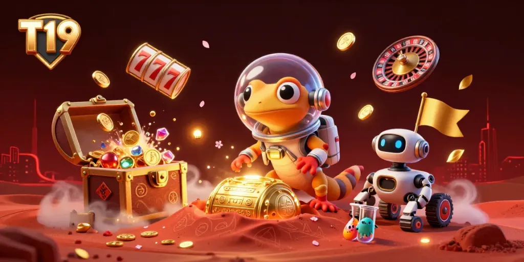 Engage in the vibrant T19 casino adventure featuring a Martian gecko and robot companion amidst a treasure of casino elements.