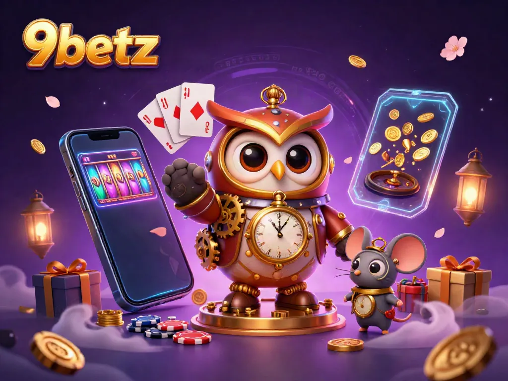 Engage with 9betz through a whimsical 3D scene featuring a time-traveling steampunk owl and vibrant casino elements.