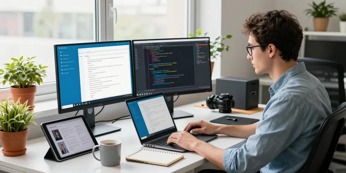 Professional utilizing Telegram Chinese app in a modern workspace with coding elements and vibrant plants.