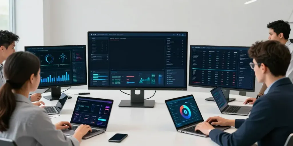Collaboration marques et créateurs in a tech workspace showcasing innovative tools and team collaboration.