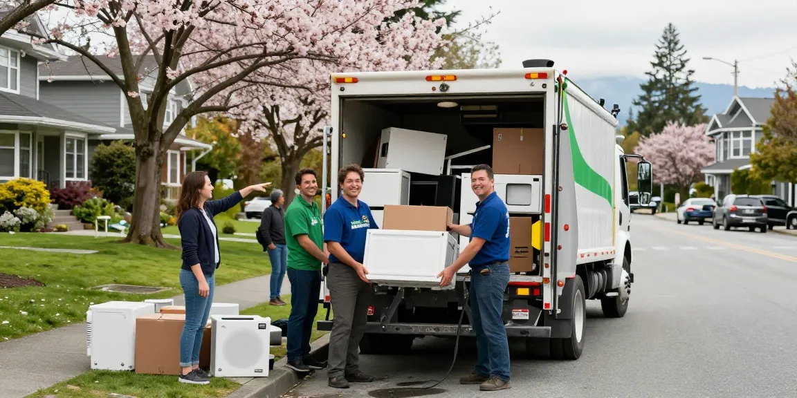 Waste Removal Vancouver team loading furniture into truck in a lively neighborhood