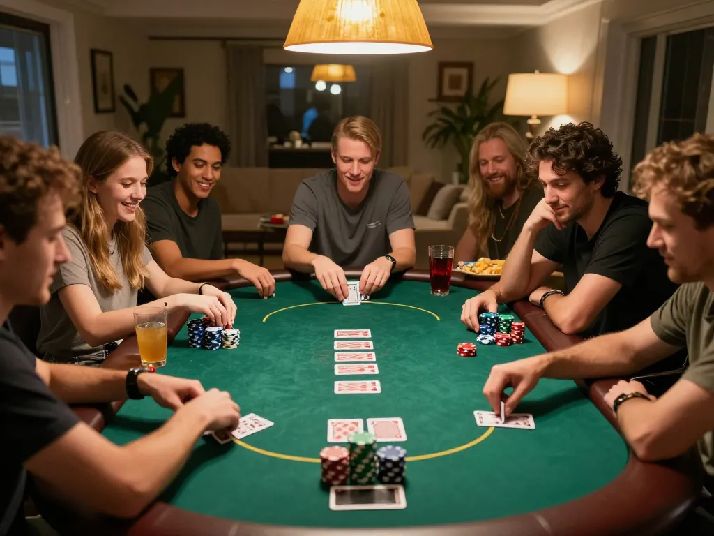 Daga players enjoying a poker game night with colorful chips and competitive atmosphere.