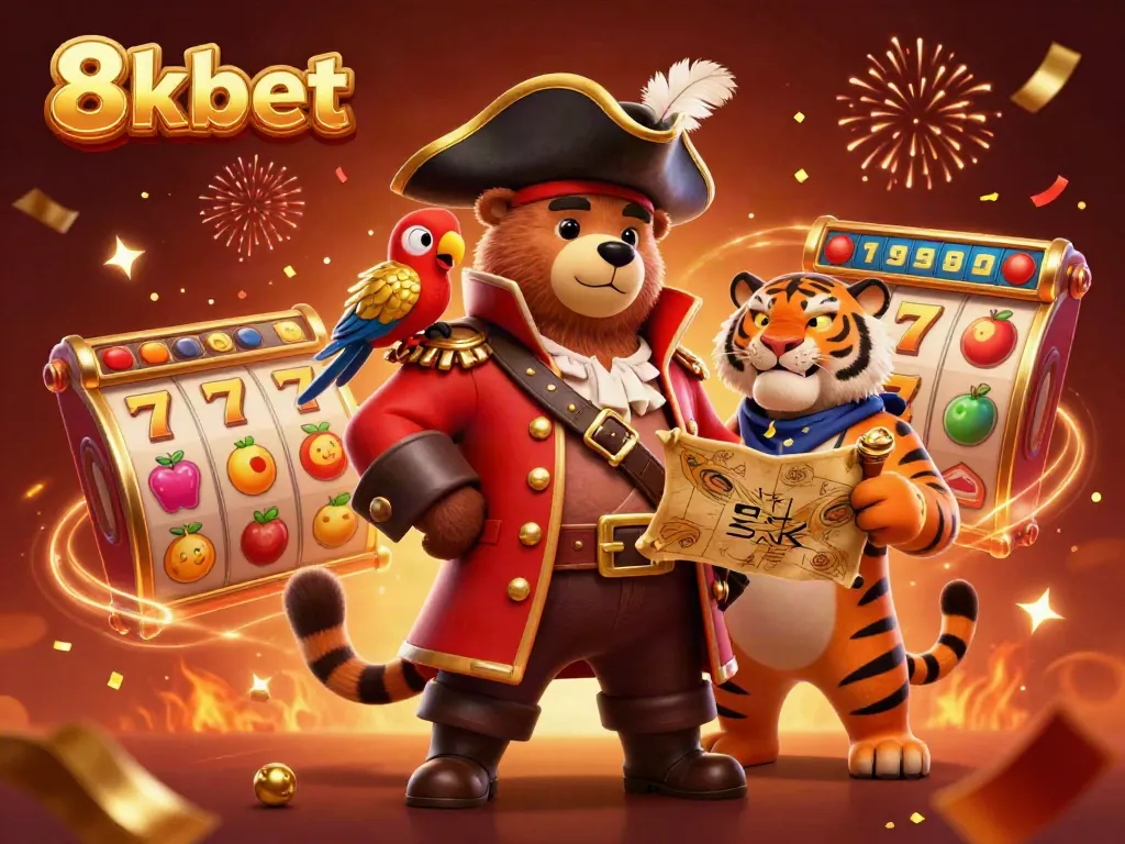 8xbet slot adventure featuring a pirate captain bear, tiger first mate, and golden parrot with jackpots.