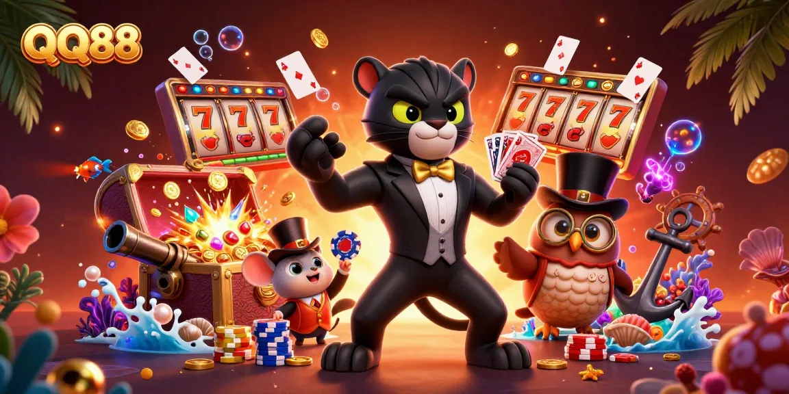 Experience the thrill of QQ88 with a stylish black panther dealer, poker owl, and lucky mouse in a vibrant casino scene.