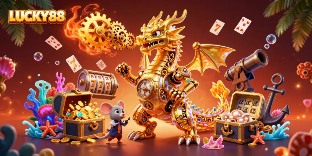 Spin luck with LUCKY88 in a vibrant 3D casino scene filled with treasure and excitement!