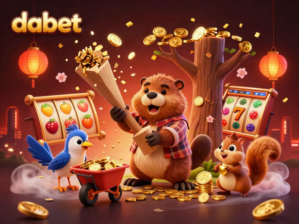 DABET promotes winning opportunities with a dynamic casino scene featuring a cartoon beaver, a bird, and a squirrel collecting coins.
